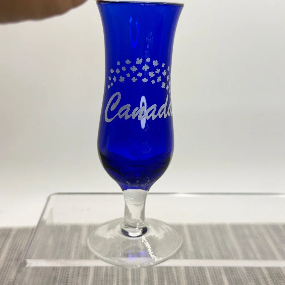 Cobalt Blue Canada Souvenir Shot Glass Etched Maple Leaf Footed Hurricane 4in